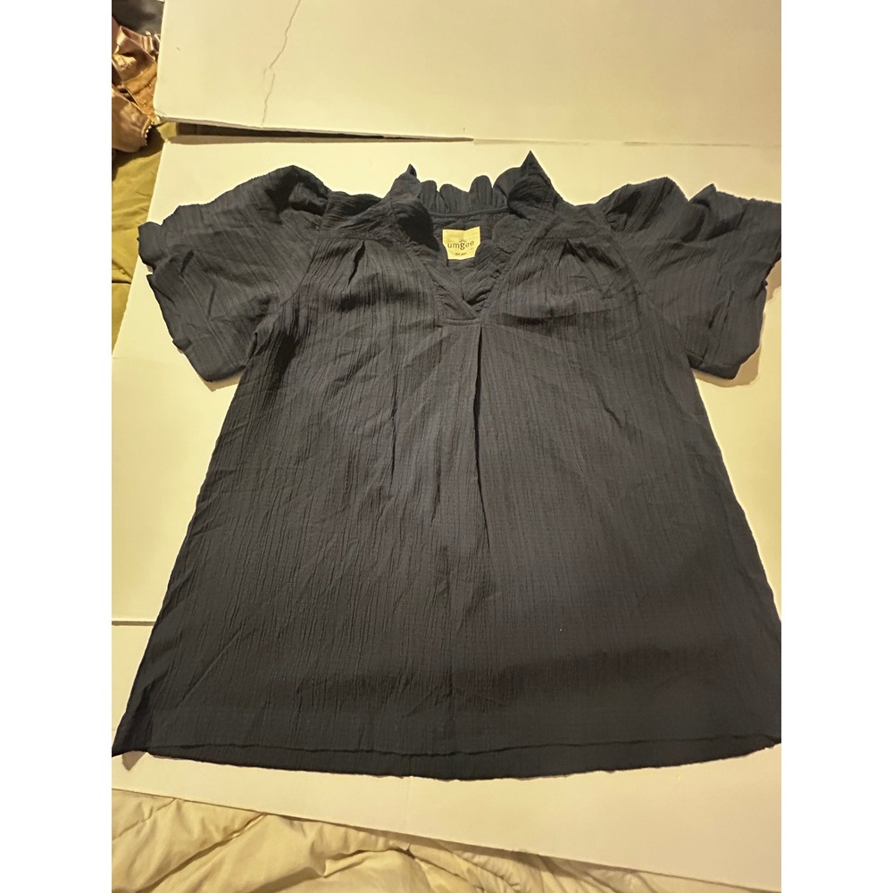 Umgee Navy Blue Crinkle Gauze Ruffle V-Neck Puff Sleeve Boho Blouse Top